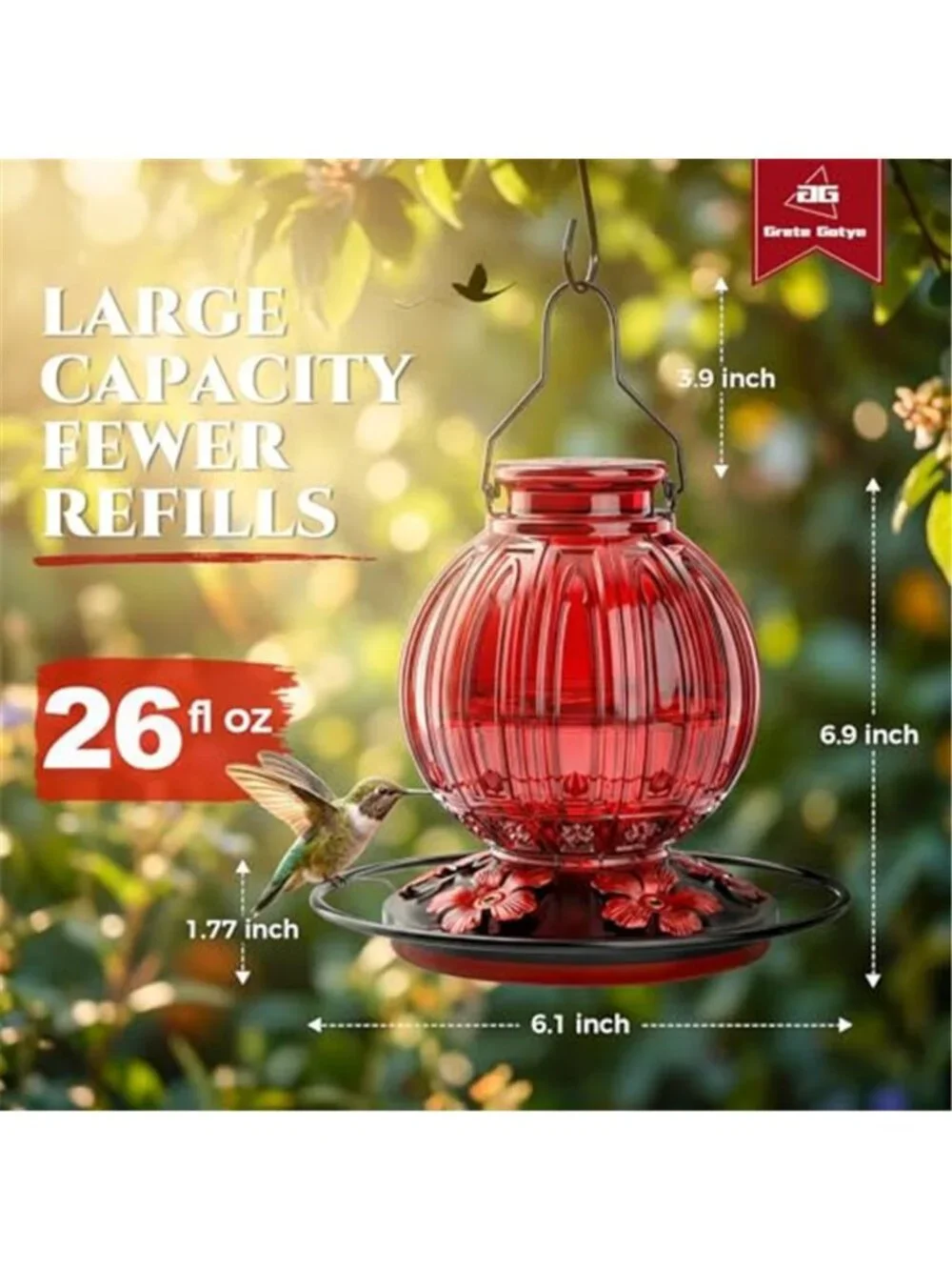 Glass Hummingbird Feeder for Outdoors Hanging, 26Oz Bird Nectar Feeder